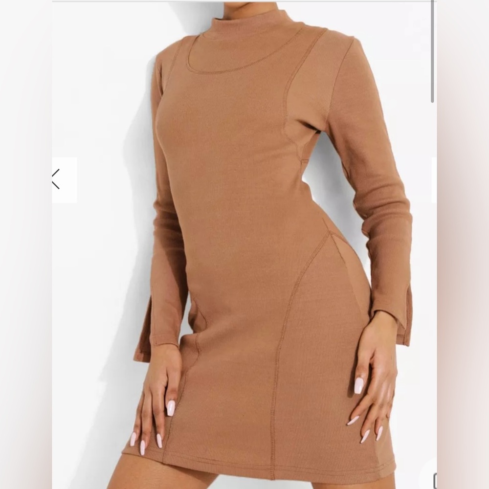 Elegant Tan Long Sleeve Bodycon Dress